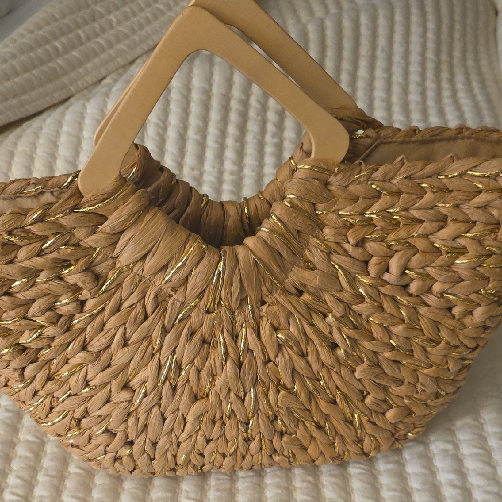 Source Unknown Tan and Gold Woven Tote